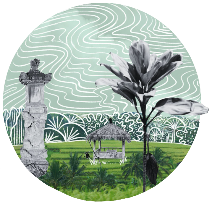 Illustration of green scenery with trees and rice fields