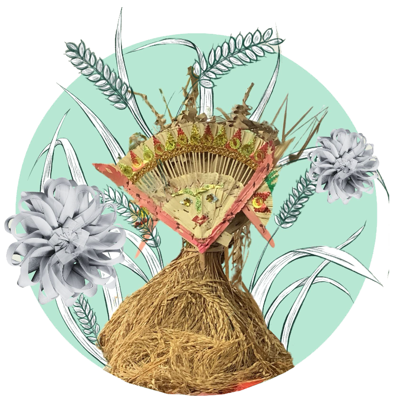 Illustration of fan in front pf rice, wheat and flowers